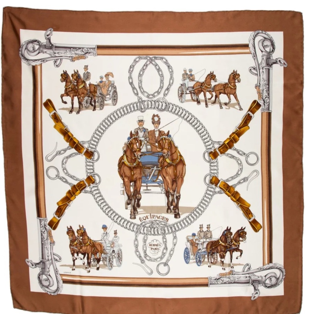 Hermès “Équipages” 100% Silk Scarf by Ledoux – Brown Carriage Equestrian‎ Print